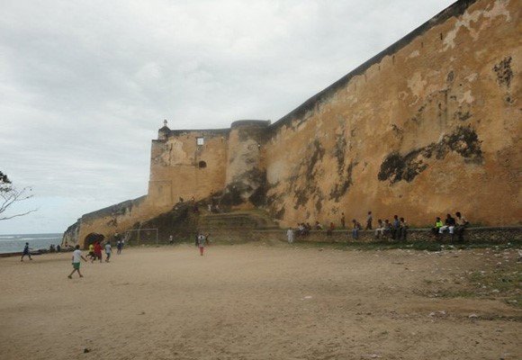 The imposing coral stone walls of Fort Jesus overlooking the Indian Ocean