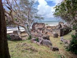 The ruins of a mosque at Jumba la Mtwana, with its coral stone walls and arched doorways, framed by lush tropical vegetation.